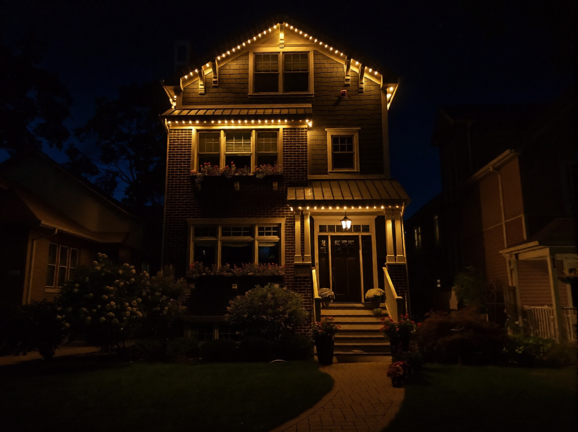 Nighttime view of the same house with professional lighting
