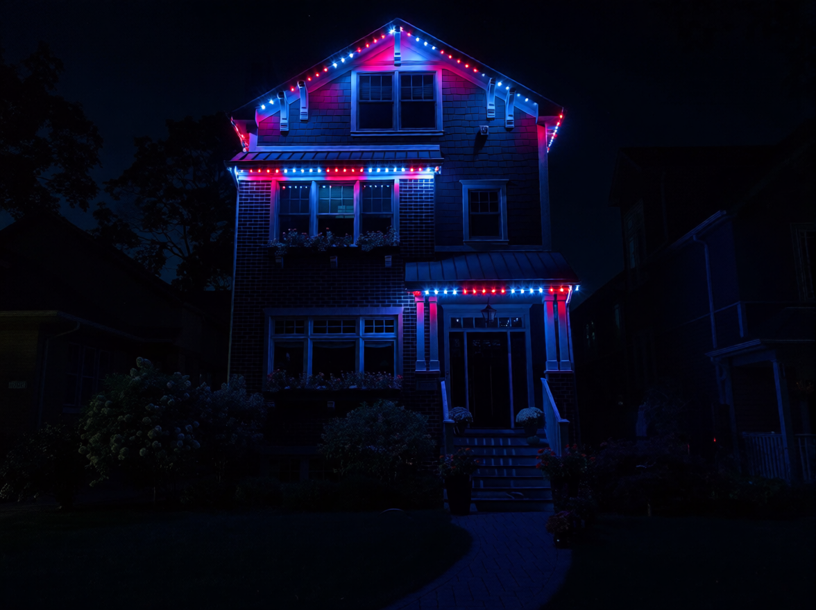 Suburban house at night with orange and purple Halloween lighting