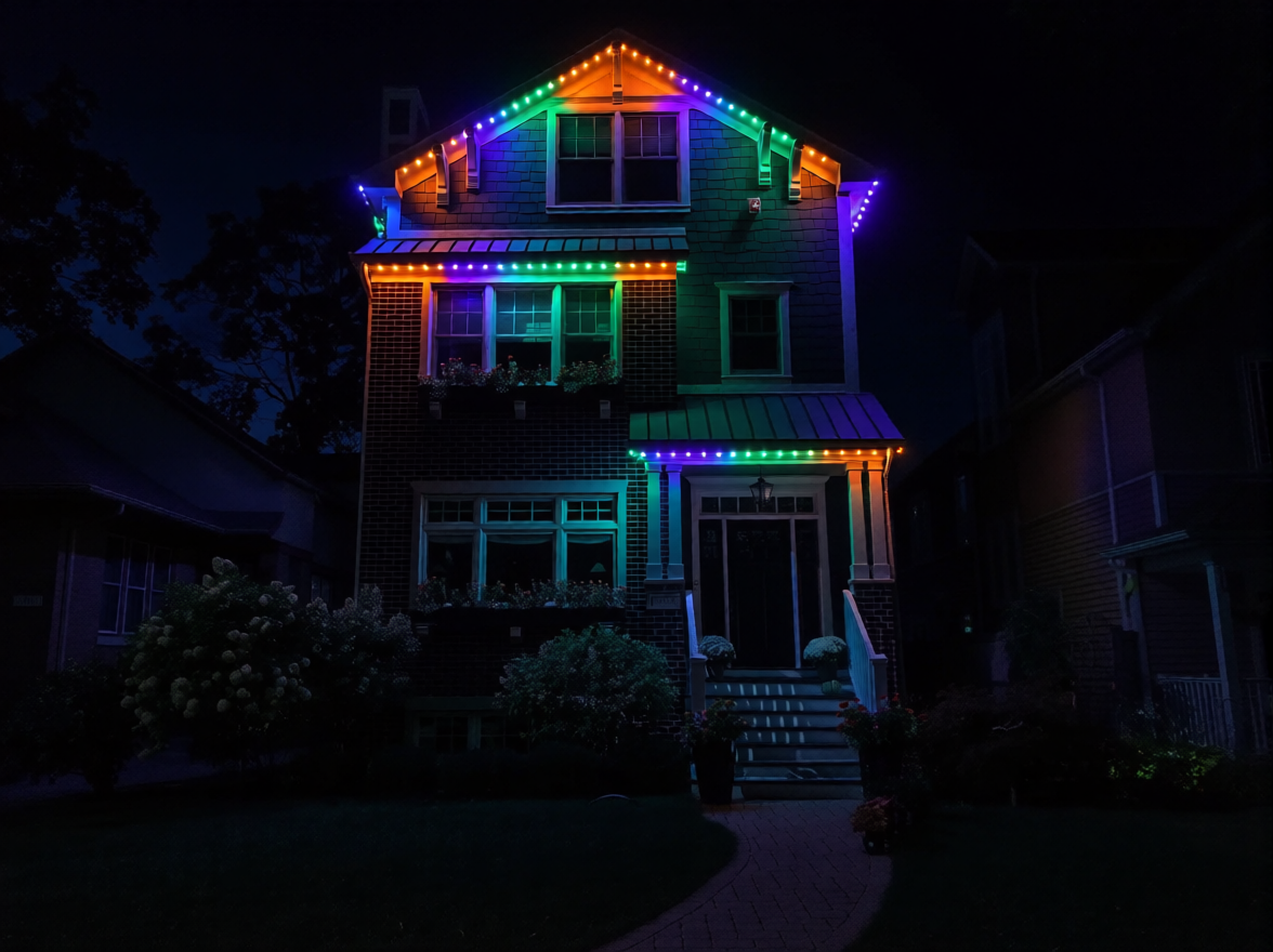 Suburban house at night with blue and green team colors lighting