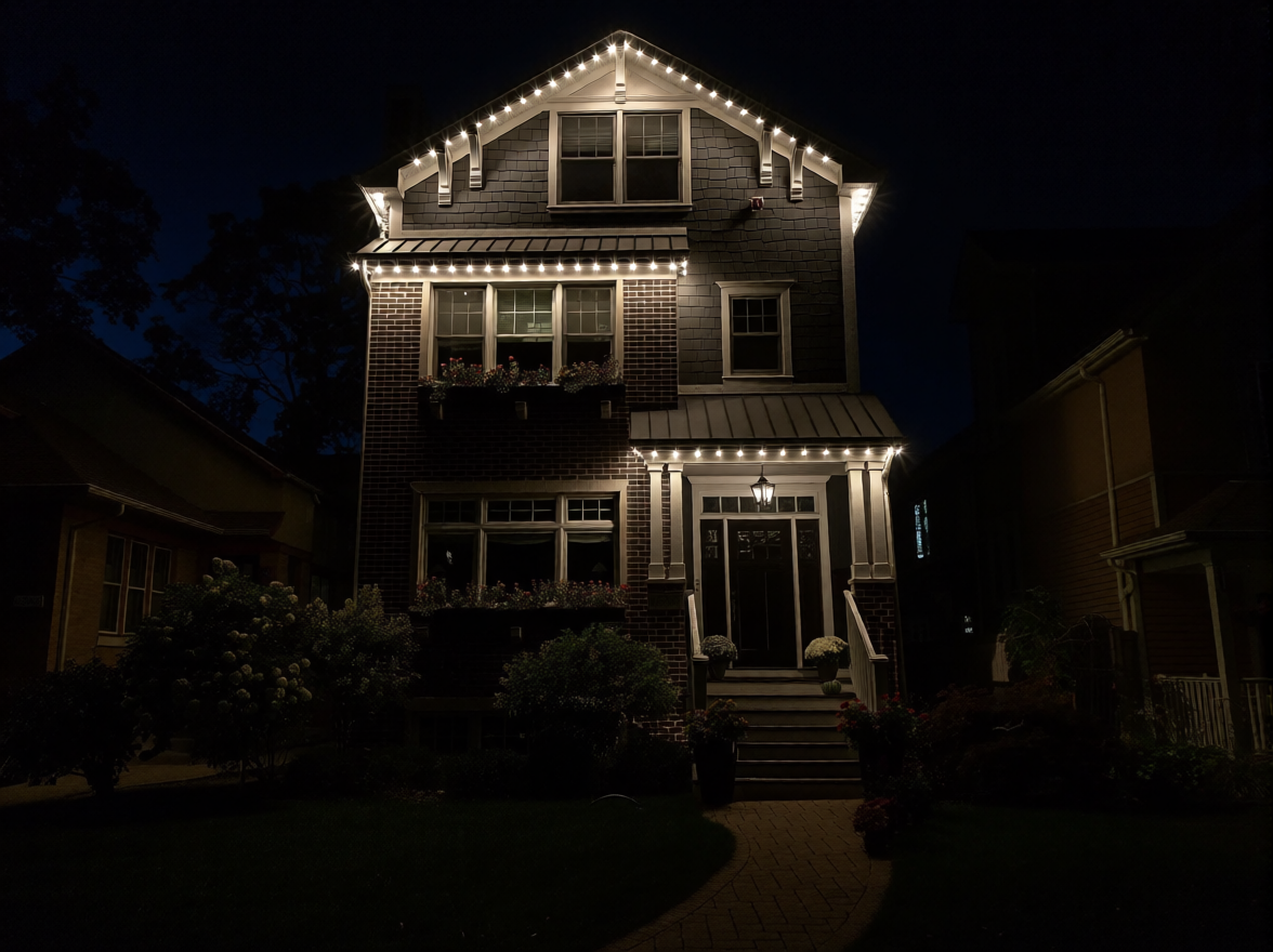 Suburban house at night with pastel Easter lighting